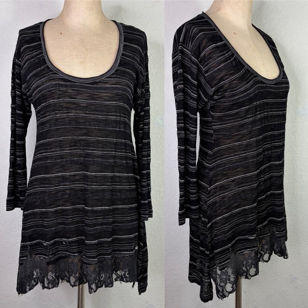 Language Black Striped Tunic Blouse Boho Size M, Made USA, Y2K, emo, rock, goth